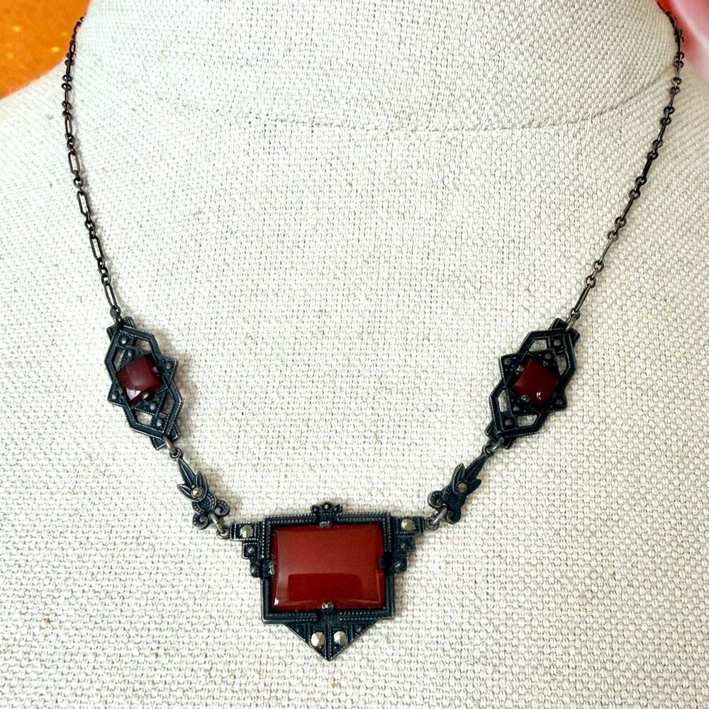 Art Deco Sterling Silver Carnelian Necklace